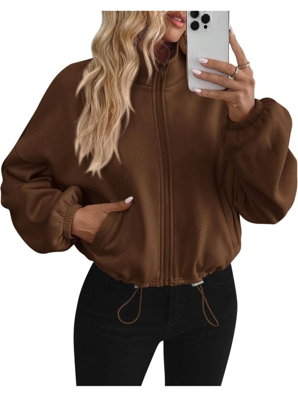 Women's Brown Long Sleeve Mock Neck ZIP Up Cropped Jacket Fleece Sweatshirt